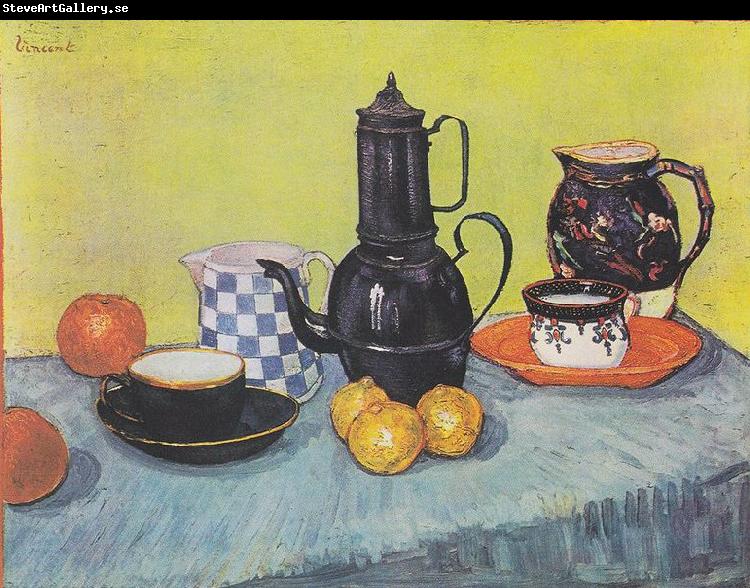 Vincent Van Gogh Still life with coffee pot, dishes and fruit